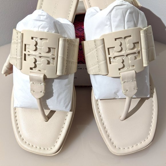 Tory Burch CROC EMBOSSED Georgia Sandal New Cream MANY SIZES - Picture 1 of 8